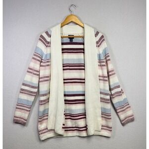 Lands End Womens Striped Cardigan Sweater Cream Pink Blue Maroon M
